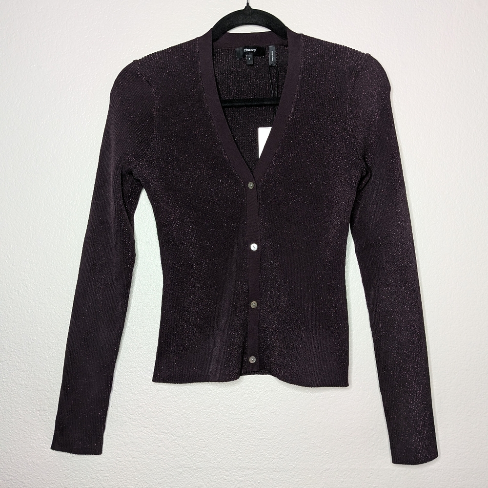 New Theory Womens Purple Merlot Shimmer Compact Crepe Plaited Cardigan P 0 NWT
